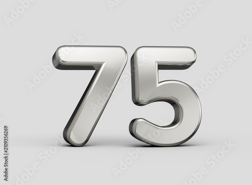Metallic number seventy five 3D render isolated on white background, 3d illustration