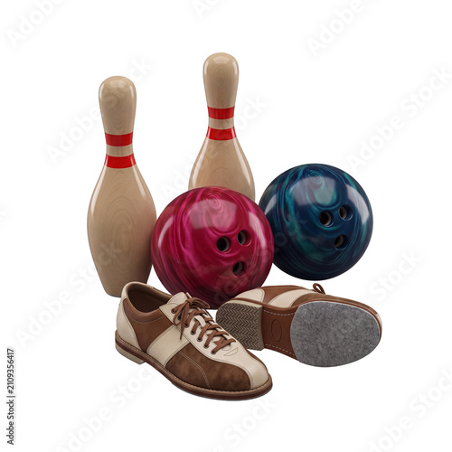 Canvastavla Realistic 3D render of bowling equipment, including pins, balls, and shoes, arranged on a transparent background