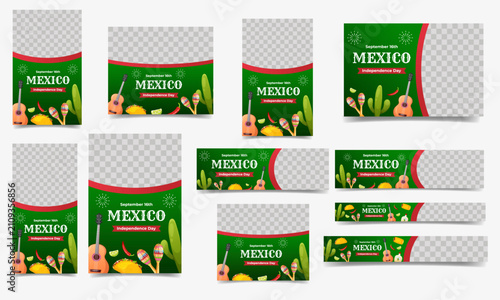 Mexican Independence Day banner set with festive symbols. Vector templates collection for promotions, events and marketing.