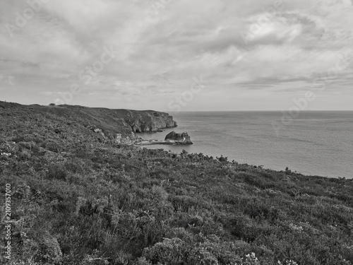 monochrome view of rocky coast cove on the ocean in Brittany