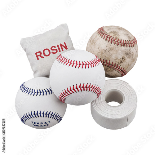 Obraz na plátně Collection of baseball accessories: rosin bag, new and worn balls, training weight ball, and athletic tape