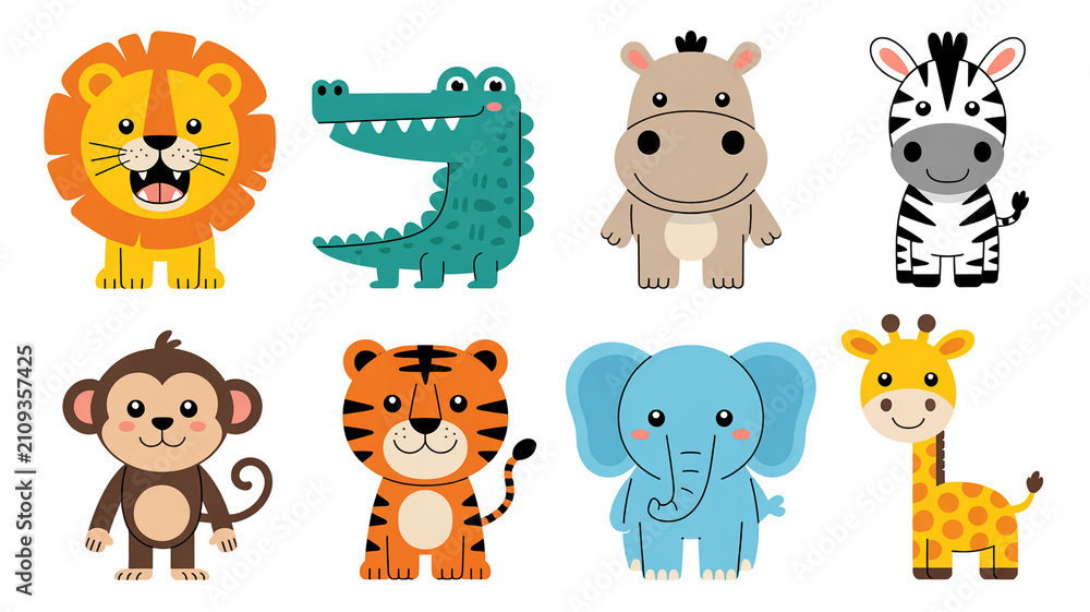 Obraz premium Colorful cartoon animals including lion crocodile hippo zebra monkey tiger elephant giraffe with crocodile elephant wildlife colorful illustration