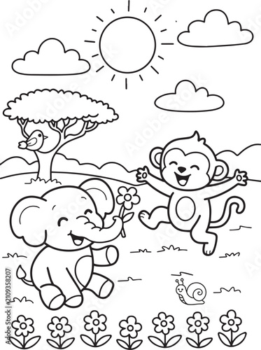 Canvas Print Cute elephant and happy monkey coloring page for kids