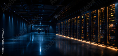 dark server room with glowing servers