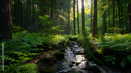 Serene forest landscape with lush green trees and a flowing stream, ideal for nature, outdoor, environmental, and eco-themed projects. Perfect for...