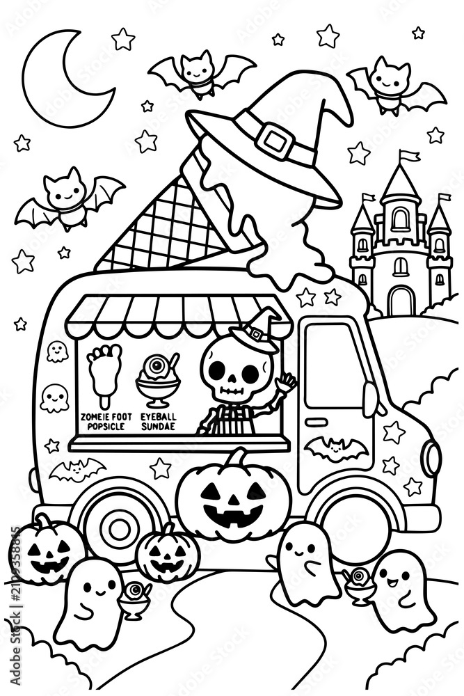 Naklejka premium Cute skeleton driving Halloween ice cream truck coloring page