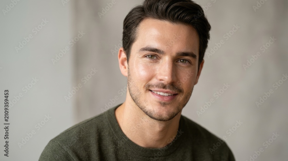 Fototapeta premium Close Up Portrait of Handsome Young Man Smiling at Camera with Natural Light