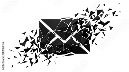 Shattered black email icon in 3D explosion