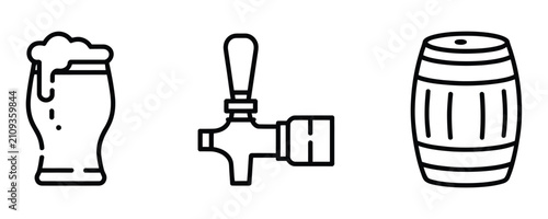 Foto Draft beer glass tap handle and wooden barrel line icons set vector illustration