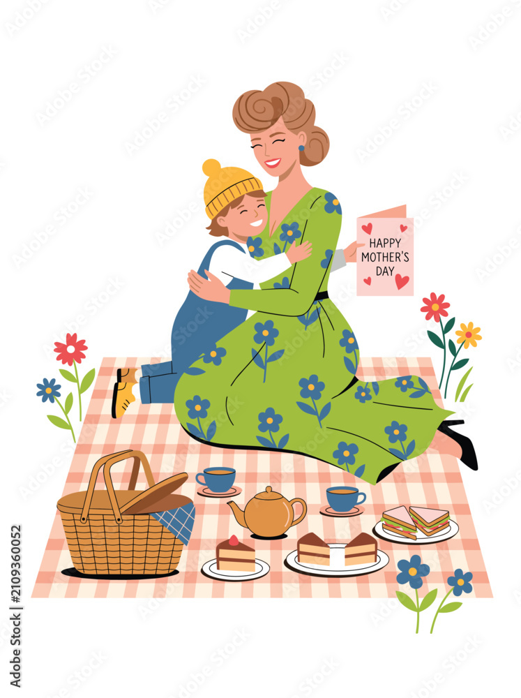 Fototapeta premium Happy Mother's Day Picnic Illustration with Mom Hugging Toddler—Ideal for Family Picnic and Greeting Card Design