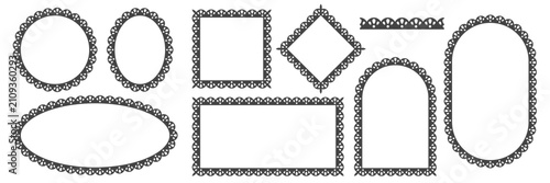 Black lace circle frame. Oval and rectangular shapes background. Ornamental scalloped border with flower pattern and empty blank center. Vector