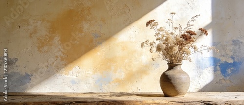 Minimalist dried flower arrangement in sunlight on textured wall