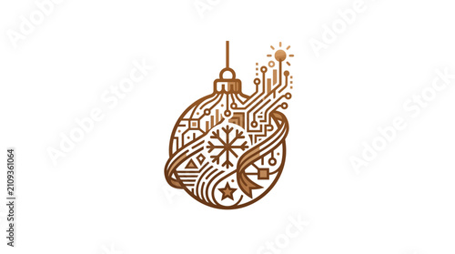 A digital holiday ornament with circuit board patterns and snowflake