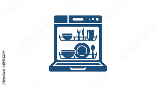 Minimalist blue dishwasher icon representing clean kitchen appliances and efficient domestic household cleaning service solutions