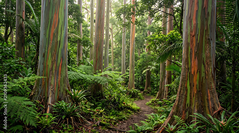 Obraz premium Lush rainbow eucalyptus forest featuring vibrant multi-colored bark and dense tropical vegetation