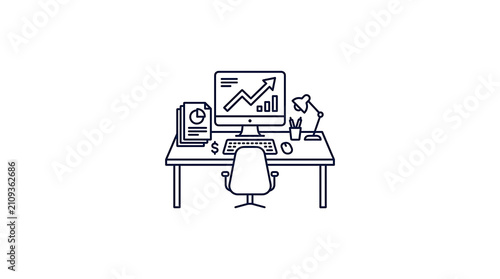 Minimalist line art illustration depicting organized professional workspace with financial growth data displayed on computer screen