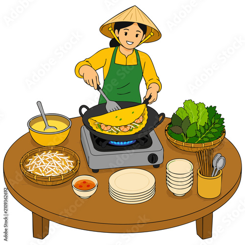 Vietnamese Woman Cooking Banh Xeo - Flat Vector Illustration