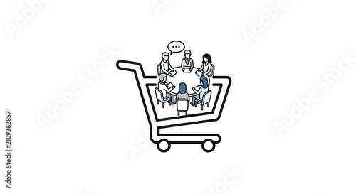 Group of professionals collaborating during business meeting inside shopping cart vector line art icon