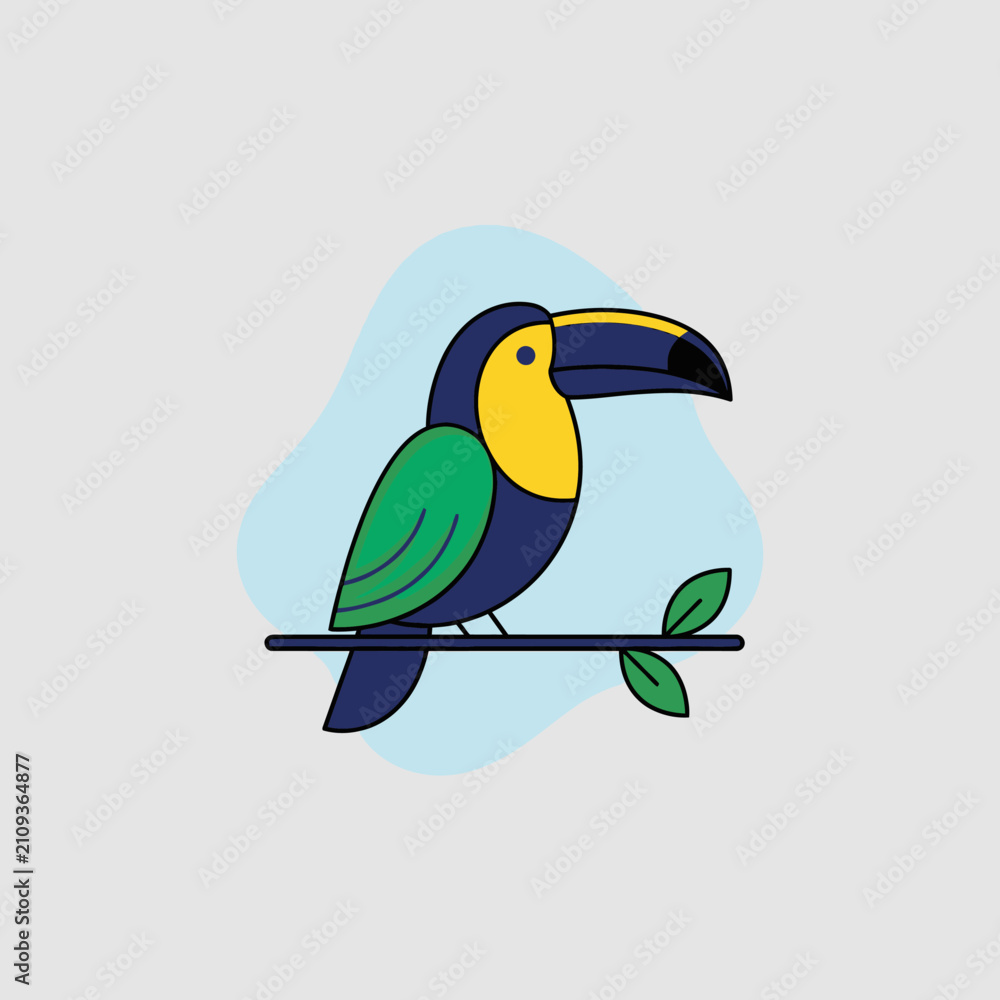 Fototapeta premium Minimalist flat toucan bird perched on a branch.