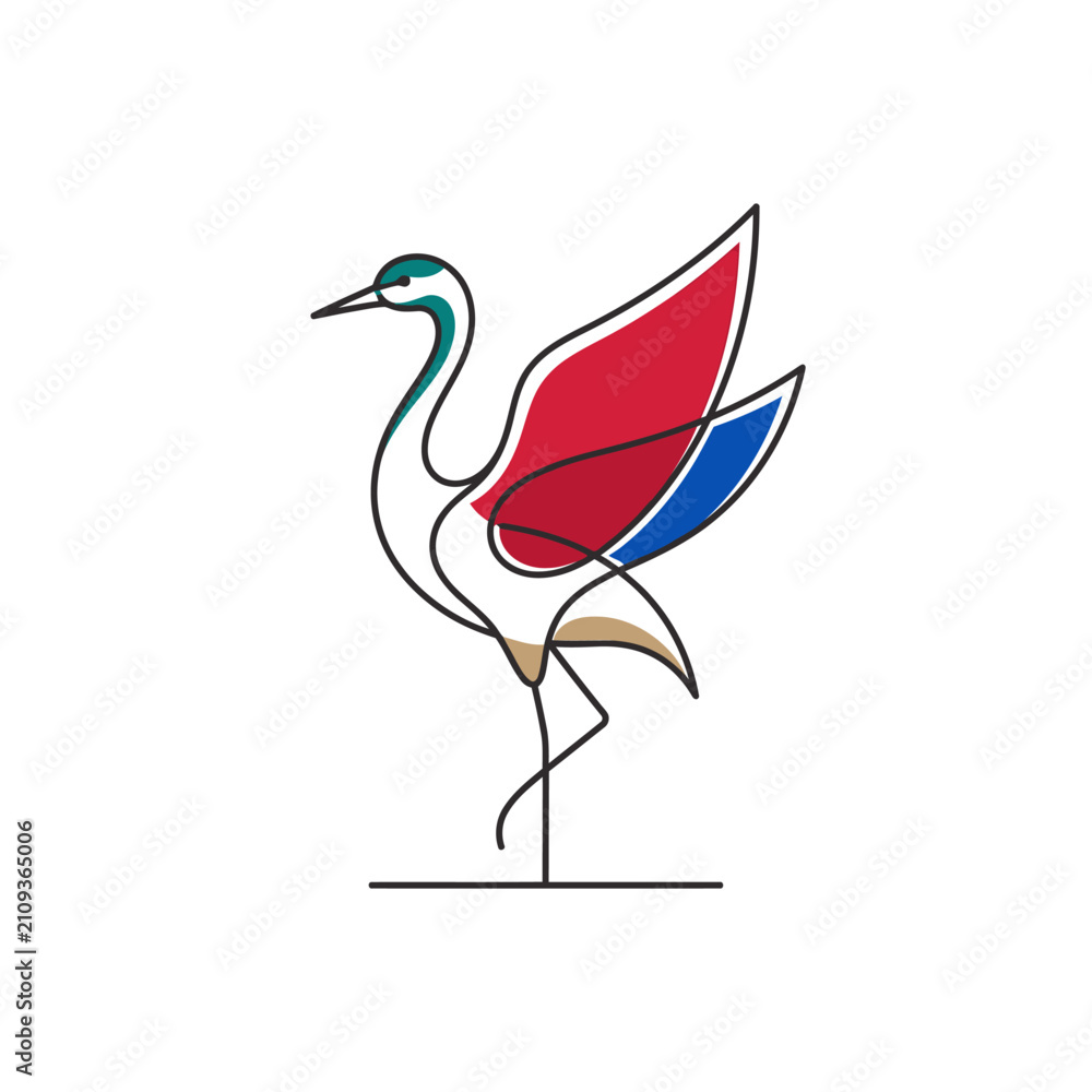 Obraz premium Minimalist line art crane with colorful red blue wings.