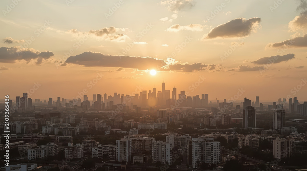 Fototapeta premium Sunset city skyline sunrise haze warm light urban skyline cityscape