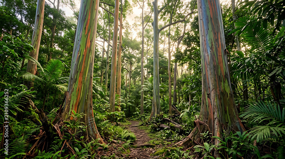 Obraz premium A mesmerizing view of rainbow eucalyptus trees showcasing their unique vibrant bark along a sun-dappled path in a lush tropical forest, creating a stunning and serene natural landscape