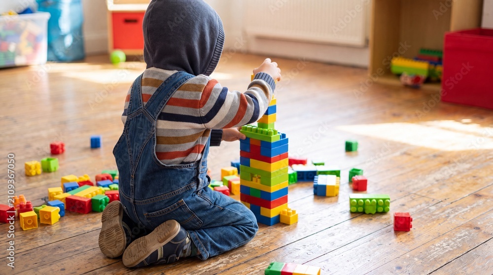 Fototapeta premium Faceless Child Playing and Stacking Colorful Plastic Building Blocks