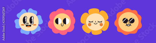 Groovy daisy flowers set with funny face expressions. Cute retro trippy floral emoji characters in sunglasses, happy emotions, smiling, looking interested, calm. Isolated flat vector illustrations