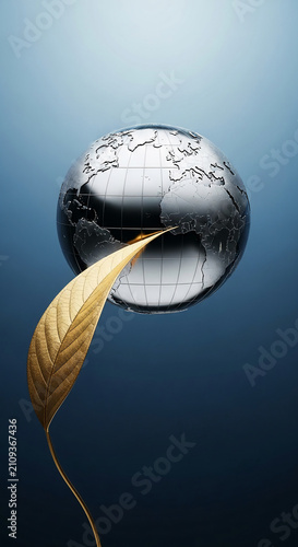 Metallic globe with a golden leaf, symbolizing global growth, environmental care, and natural progress.