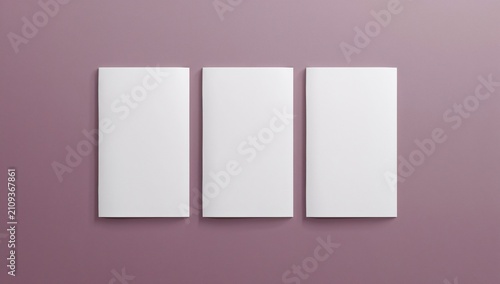 Blank Trifold Brochure Mockup, Flat Lay on Purple Background