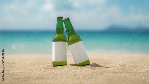 Blank Beer Bottle Mockup on Beach Sand, Ocean Background