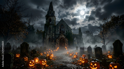 A spooky halloween background featuring a dark gothic church graveyard filled with glowing jack o lanterns under a full moon night