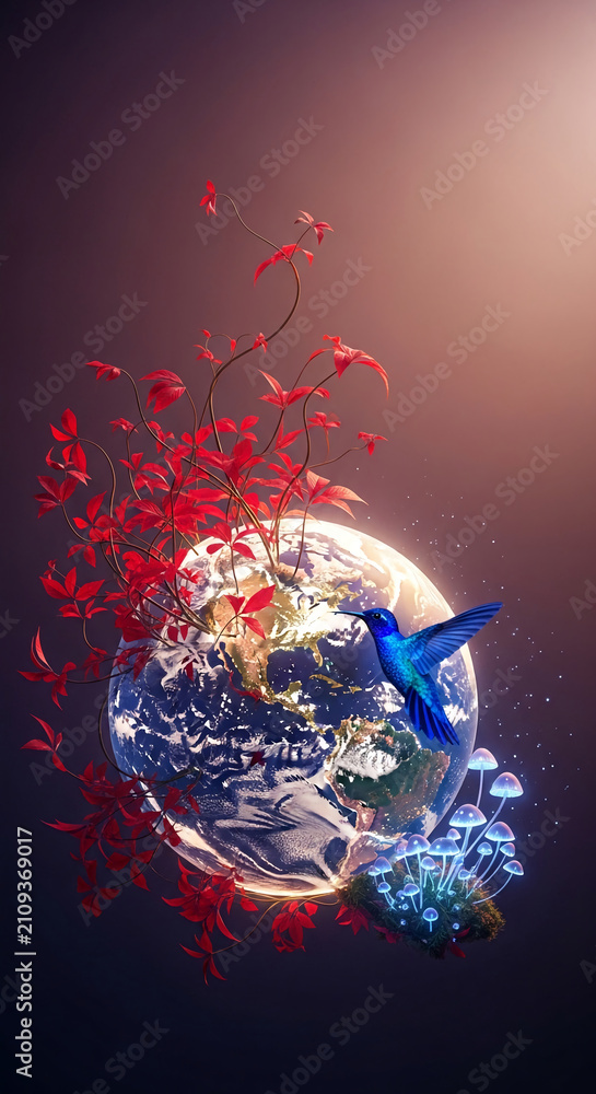 Obraz premium Earth embraced by vibrant red leaves and a blue hummingbird, with glowing mushrooms, symbolizing nature's beauty and life.