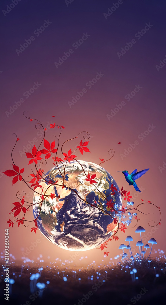 Fototapeta premium Planet Earth with red leaves and a blue bird, symbolizing life and nature's beauty, with glowing mushrooms and free space
