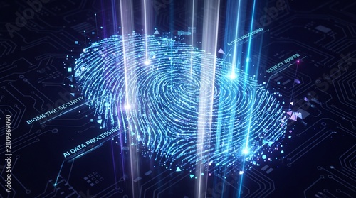 futuristic 3D digital fingerprint made of glowing blue particles. Vertical light rays scan the surface, representing advanced biometric security, AI data processing, and identity verification