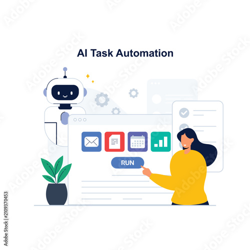 AI Task Automation Flat Illustration with Robot Assistant Concept