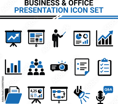Business Icons Set Including Presentation Charts Teamwork And Communication Flat Vector Illustration