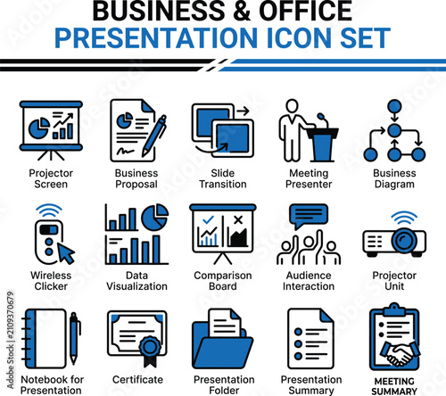 Business presentation icons set with projector data visualization and meeting concepts on white background