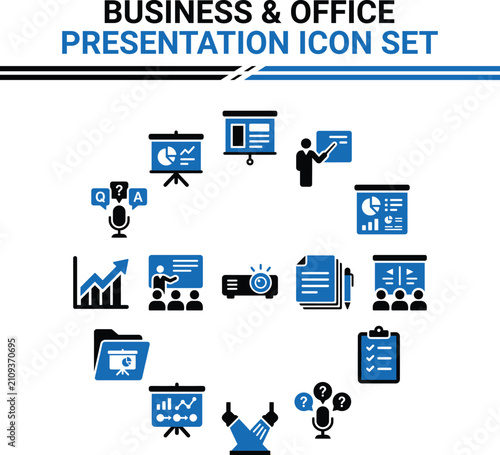 Business Meeting Flat Icons Set With Presentation Charts And Communication Symbols