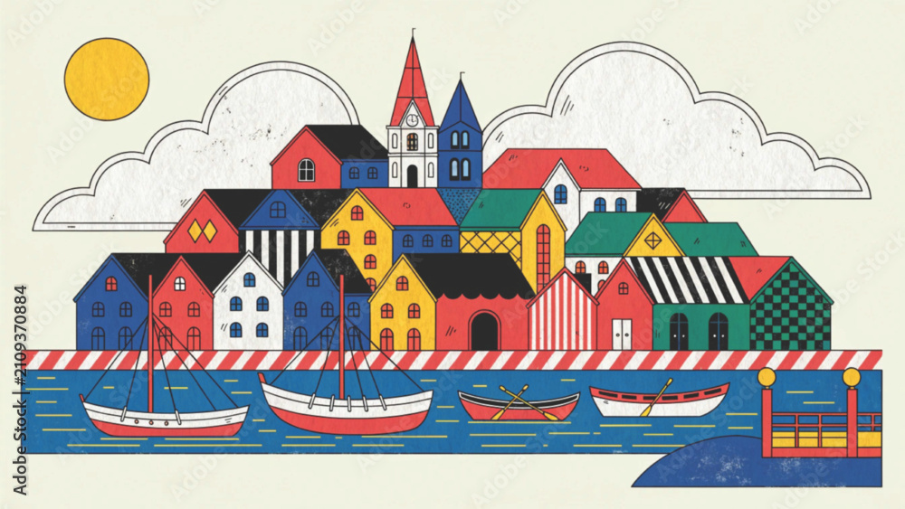 Fototapeta premium Charming Portuguese riverside village in abstract vector style background 