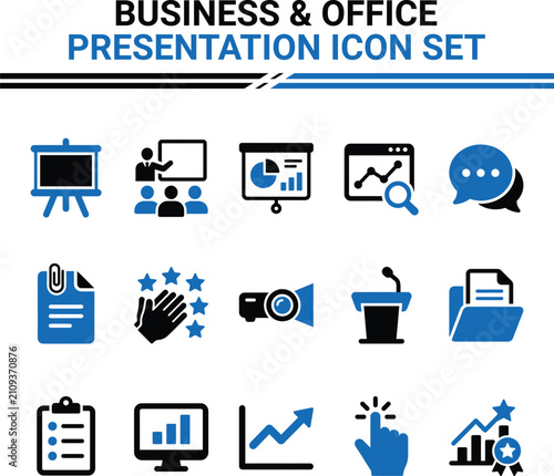 Business Icons Set Flat Design Blue Tones Communication Presentation Data Analysis Concepts