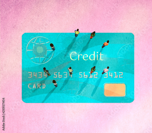 People standing on top of oversized credit card