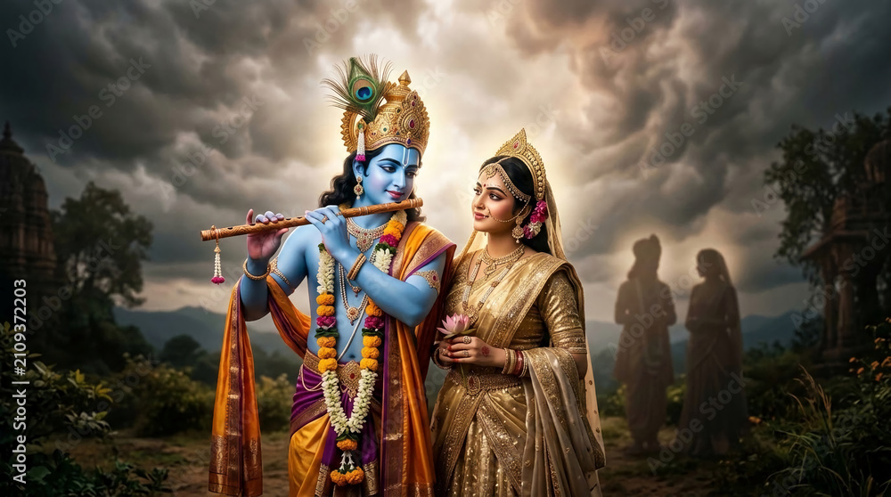 Fototapeta premium Mythological scene with blue-skinned deity playing flute, adorned with garlands, beside a woman in ornate sari, symbolizing divine love and spirituality, showcasing traditional Indian culture.