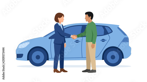 Saleswoman shakes hands with a male customer after successfully completing the purchase of a new blue hatchback vehicle.