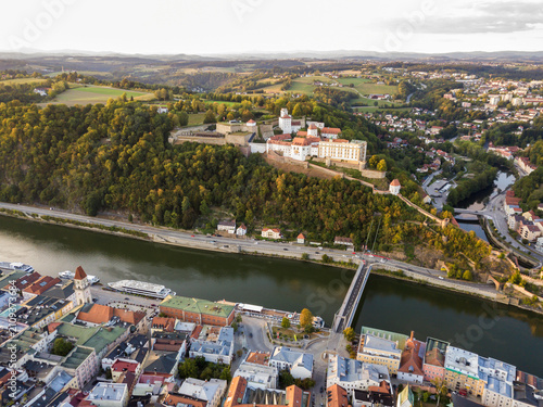 Germany, Bavaria, Passau, City of three rivers, Aerial view, Danube and Inn river, Veste Oberhaus