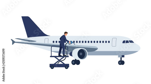 Airport technician uses a specialized fuel service vehicle to refill a commercial passenger airplane on the tarmac before departure.