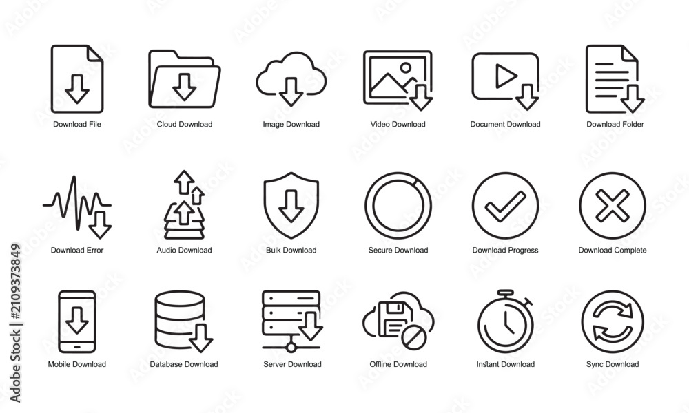 Fototapeta premium File and data download line icon set for web interface UI UX design with interface