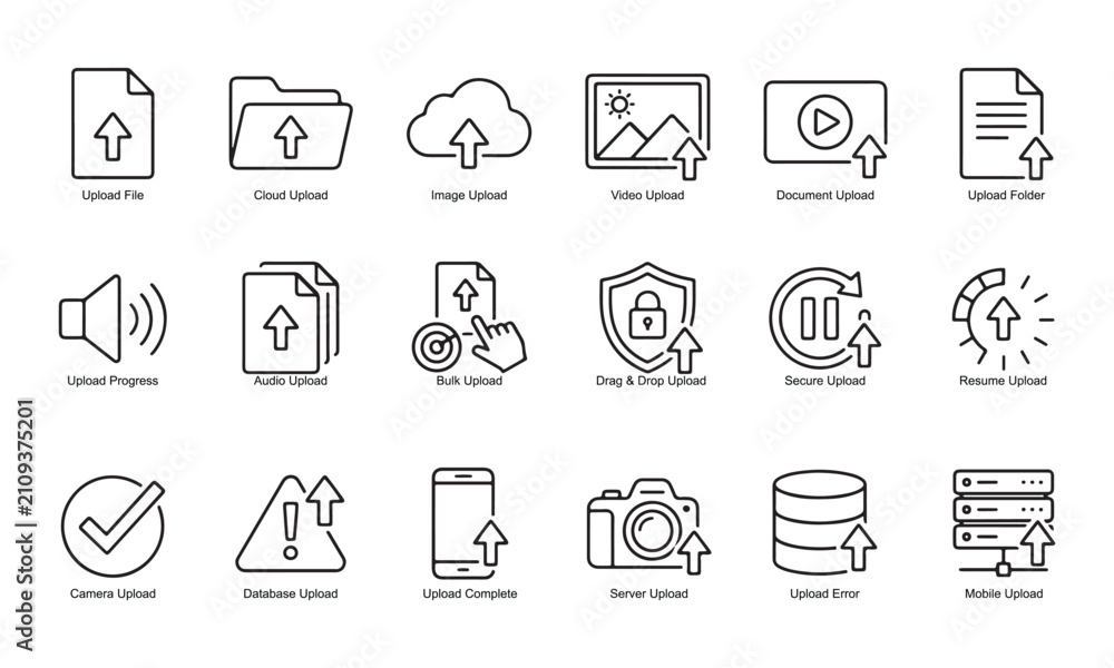 Fototapeta premium File upload and data transfer line icon set for minimal web UI UX interface