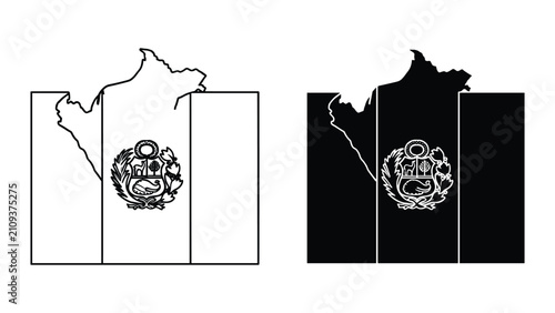 Foto Peru map and flag vector set black and white line art outline and silhouette nat