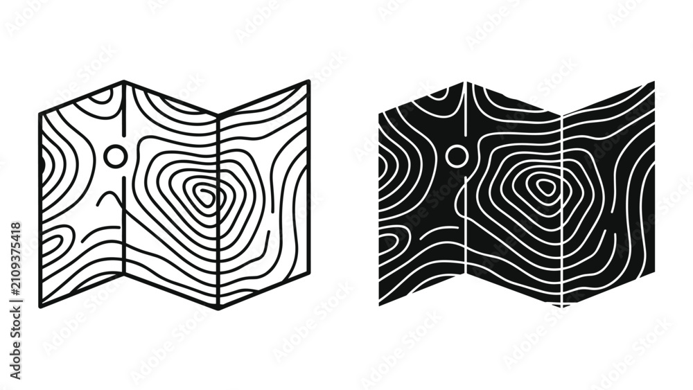 Obraz premium Topographic map icon set, vector illustration outline and solid style map of terrain with contour lines for navigation, hiking, and outdoor activities